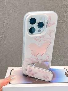 1个粉色闪光可爱卡通手机壳，蝴蝶图案，带隐形镜面支架，兼容 11/12/13/14/15/16/17/Pro Max - 粉色 - 查看 3