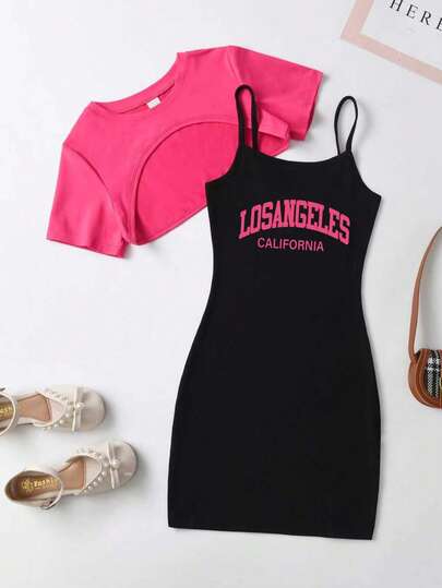 Tween Girls' Summer Casual Fashionable High-Low Hem Cropped Top And Letter Print Cami Dress Set