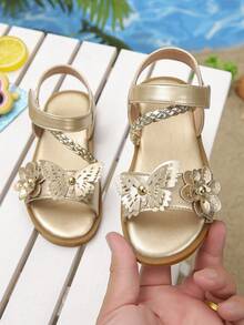 Girls' Gold Rhinestone Flower Sandals, Woven Strap Princess Dress Shoes