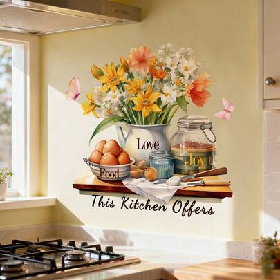 1/2/3/5pcs Creative Butterfly & Floral Kitchen Wall Stickers, Waterproof PVC Self-Adhesive, Suitable For Restaurant, Kitchen, Home Decor Background Wall Decals