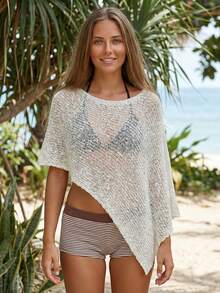 Women Knitted Poncho Loose See Through Boat Neck Off Shoulder Asymmetrical Crop Coverup Tops - 白色 - 查看 10
