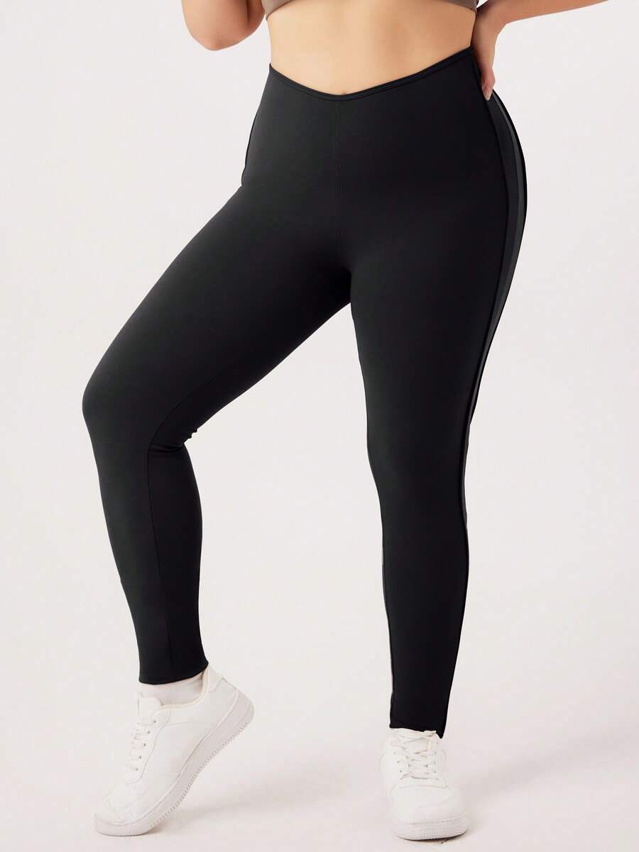 1pc Women Plus Size Elastic Seam Design Shaping Line Skinny Leggings - Black - View 1