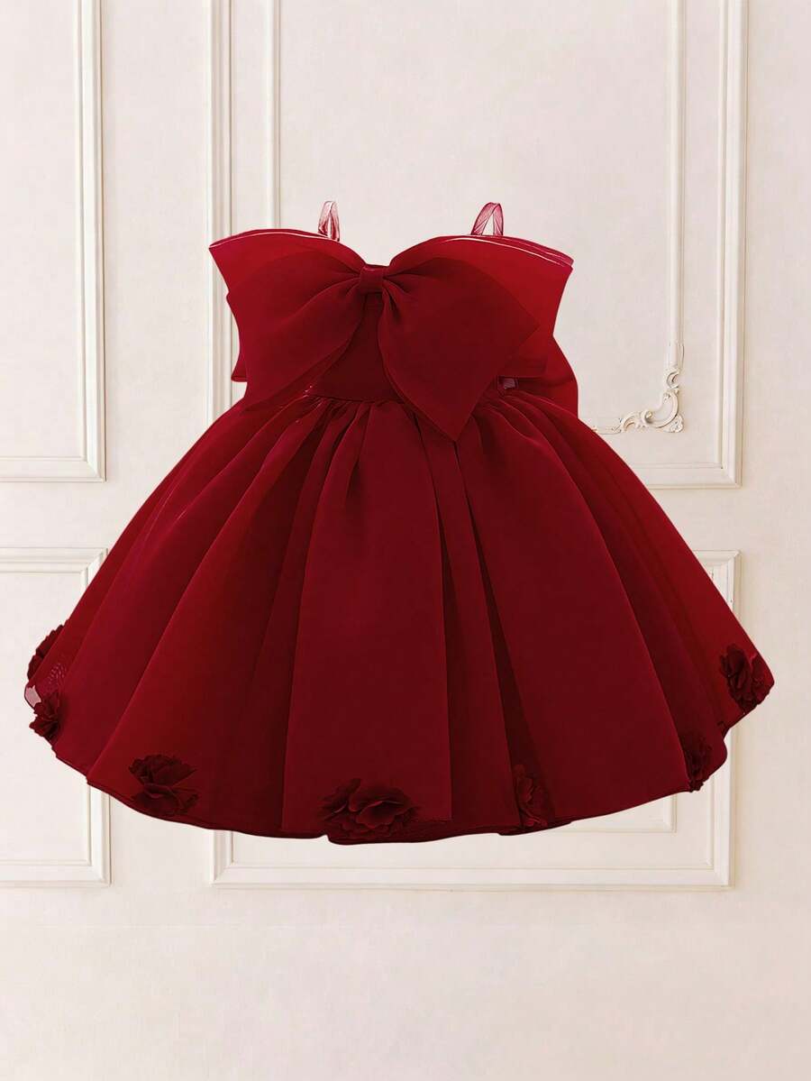 Young Girls Spaghetti Strap Solid Color 3D Flower Bow Organza Elegant Flower Girl Wedding Dress Suitable For Holiday Celebrations, Headband Not Included - Burgundy - View 1