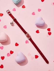 1pc Valentine's Day Pet Heart Flocked Rhinestone Bell Collar, Suitable For Cats And Small Dogs