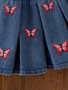 2pcs Baby Girl Fashion Butterfly Print Lantern Sleeve T-Shirt Top And Butterfly Embroidered Pleated Denim Mini Skirt Set - White - View 7