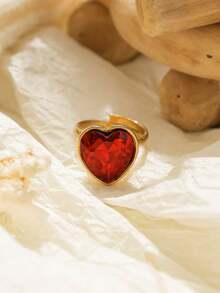 1pc Multi-Color Sparkling Heart Zirconia Stainless Steel Gold Adjustable Ring, Suitable For Girls' Everyday Wear And Parties, Exquisite And Simple Jewelry Gift. - Gold - View 10