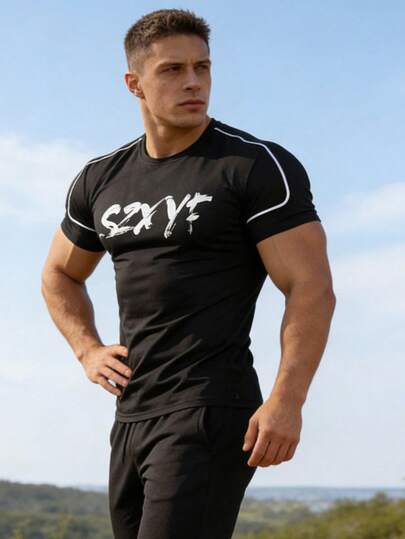 Men's Quick-Dry T-Shirt, Letter Print Short Sleeve With White Trim, Sports & Fitness Casual Half Sleeve