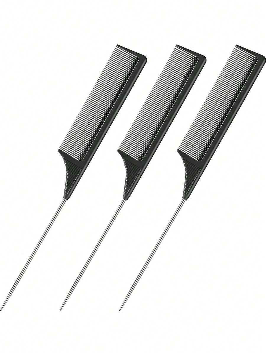 3件套美发造型梳套装，包括分尾梳、细齿蓬松梳、金属梳、耐热碳纤维蓬松梳和不锈钢分尾梳。