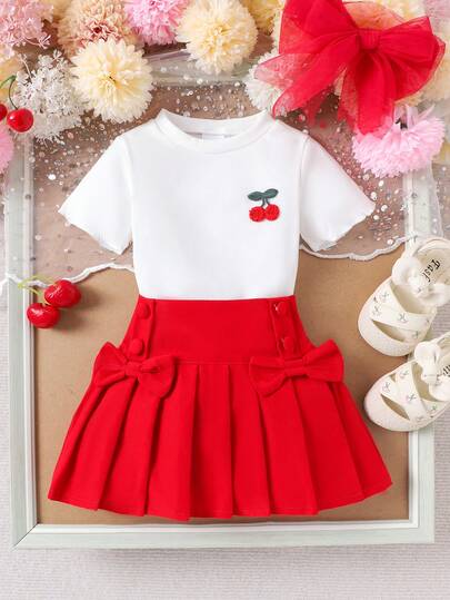 2pcs Baby Girls Elegant School Style White Short Sleeve T-Shirt + Red Skirt Outfit, Lightweight Summer