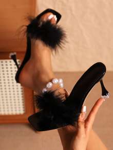 1 Pair Fluffy Feather Embellished Sexy Black High Heel Shoes For Teenage Girls, Comfortable Lightweight Versatile Dress Sandals, Cute And Charming High Heels Suitable For Girl's Summer Outdoor, Party, Prom, Vacation, School And Casual Wear, Gift - Black - View 1