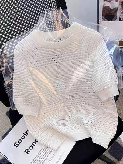 Women's Chic Hollow-Out White Short Sleeve Knit Top, Crew Neck, Solid Color, Ribbed, Casual Wear For Summer