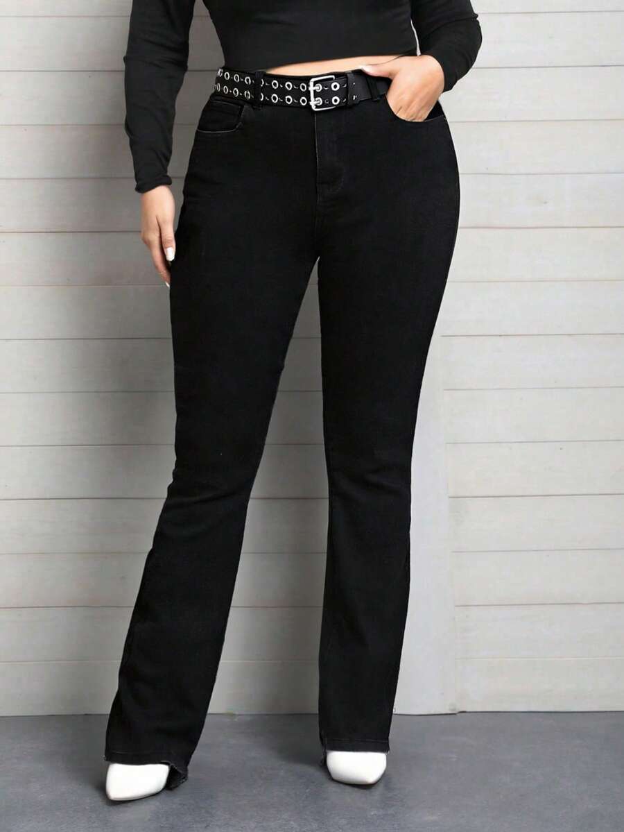 Jeans de Mezclilla para Mujer Talla Grande: Color Negro Flare, Tejido Elástico y Diseño Adelgazante. ¡Únete a la Moda! - Negro - Ver 1