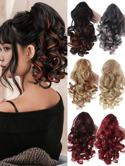 女士夹式马尾假发，卷曲短马尾，耐热合成发，带接发，适合各种发质，日常佩戴，派对场合适用