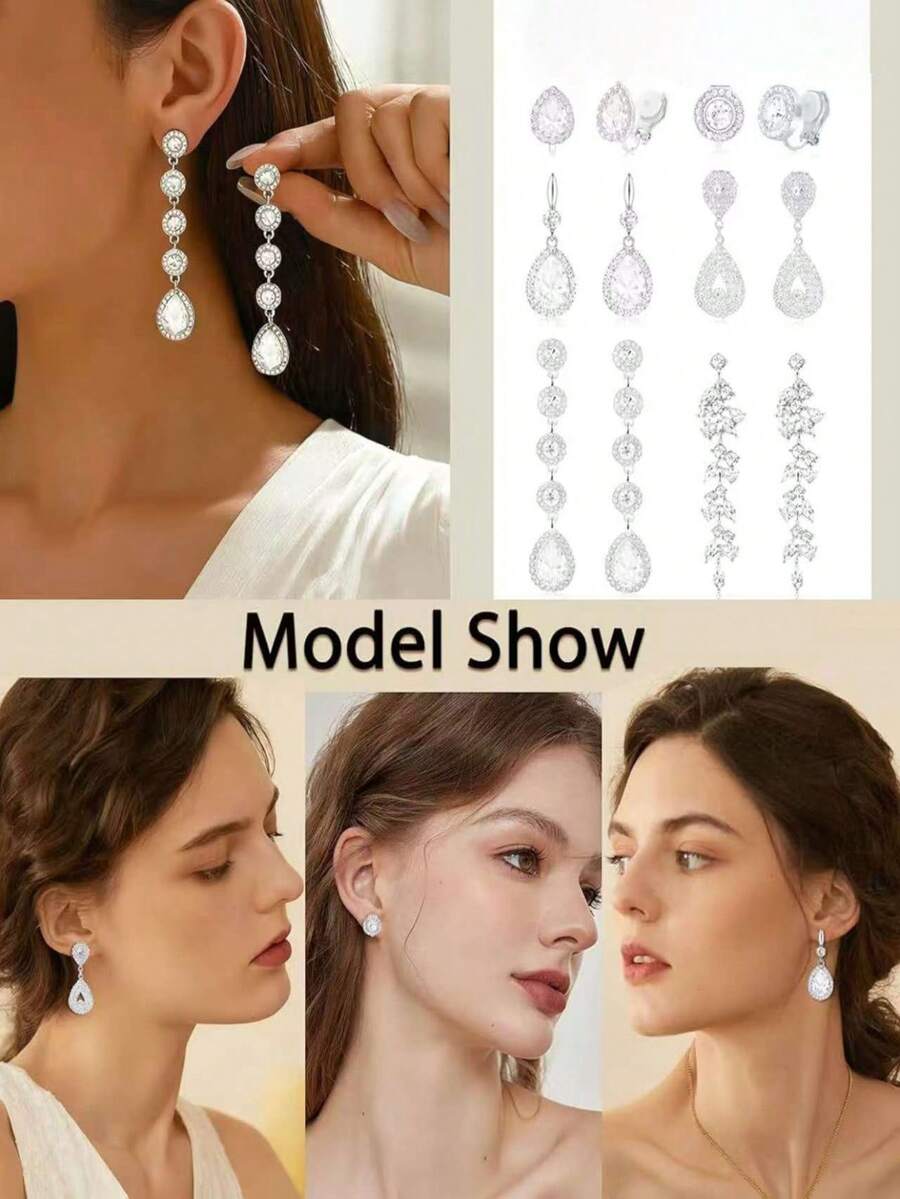 6件套优雅奢华镀银金属镶嵌AAA+级立方氧化锆水滴/簇状/叶形夹式耳环套装，是婚礼、派对和庆典的理想之选。 - 款式C - 查看 1