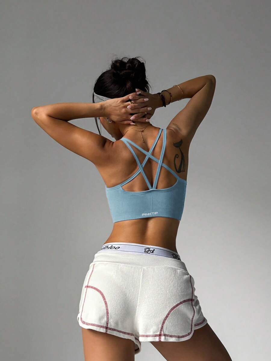 PinkTip Cross-Back Shaping Sports Bra, Built-In Bra, Supportive, Seamless, Suitable For Yoga And Casual Sports - Baby Blue - View 1