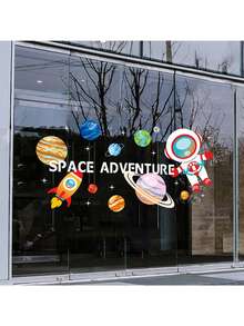 1pc Window Decal, Space Adventure Cartoon Astronaut Planet Space Removable Sticker, Astronaut Rocket Static Planet Pattern Window Decal, Children's Room Decoration, Classroom And Playroom Decoration, Birthday Gift And Party Supplies, Solar System Bedroom Decoration, Suitable For Toddlers - Multicolor - View 2