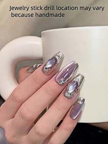 10pcs Handmade Purple Shiny Pearl Cat Eye Textured Design Pearl Mirror Nail Stickers, Trapezoidal Length, Suitable For Daily Salon, Dates, Removable Full Coverage False Nails, Ideal For Nail Art DIY Enthusiasts, Collectors, Women, Girls, Press-On Nail Stickers, Nail Art Supplies, Nail Products Handmade Press On Nails - Purple - View 3