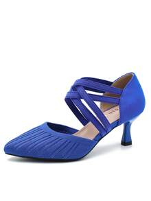 MAIERNISI JESSI Women's Low Kitten Heels Knit Pumps Elastic Crisscross Ankle Strap Slip On Dress Shoes - Royal Blue - View 18