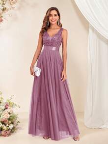 Đầm phù dâu dáng chữ A không tay cổ chữ V bằng vải lưới đính sequin và thêu, đầm dạ hội thanh lịch dành cho nữ, đầm dự tiệc cưới trang trọng, trang phục dự tiệc gala ngày lễ. - tinh bột củ sen - Xem 1