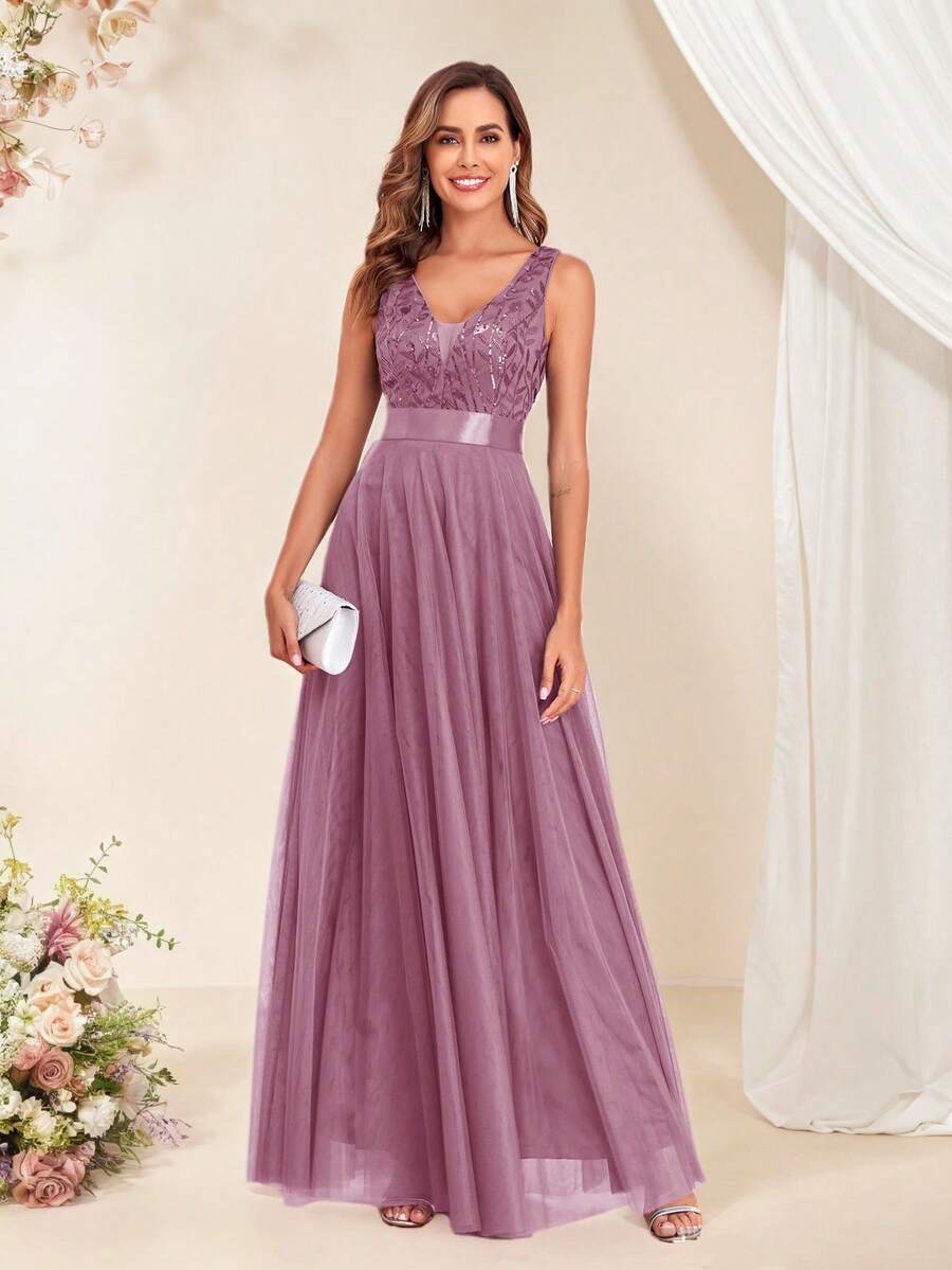 Đầm phù dâu dáng chữ A không tay cổ chữ V bằng vải lưới đính sequin và thêu, đầm dạ hội thanh lịch dành cho nữ, đầm dự tiệc cưới trang trọng, trang phục dự tiệc gala ngày lễ. - tinh bột củ sen - Xem 1