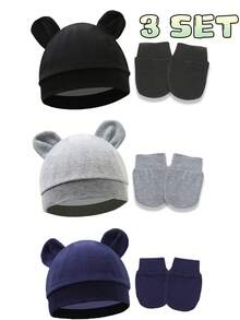 3pcs/Set 0-3 Months Baby Earflap Beanie Hat + Mittens - 3 Set - View 1