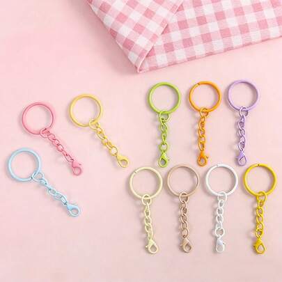 50/100pcs Colorful Key Chain Set, Metal Round Split Key Rings With Lobster Clasp, Craft Pendant DIY Accessories
