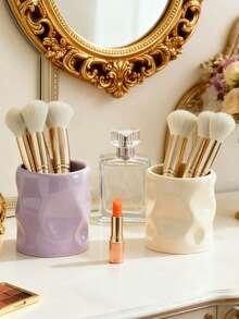 1pc Asymmetric Resin Makeup Brush Holder, Asymmetrical Vase Shape With Uneven Surface Embossing, Multifunctional Desktop Decor, Mini Vase And Storage Box, Suitable For Living Room, Bedroom And Office (White And Purple) - Multicolor - View 9