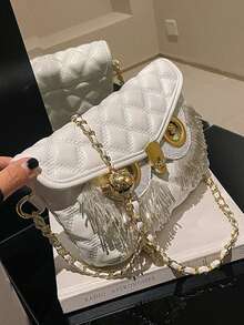 Stylish Leather Chain Shoulder Bag With Faux Diamond And Pearl Tassel Embellishments, Quilted Flap Crossbody Square Bag, Featuring Personalized Dinner Bag-Style Metal Hardware With An Owl Pattern. - White - View 5
