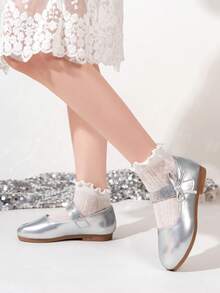 Simple Shiny Elegant Thin Bow Tie Girls' Silver Comfortable Dance Shoes, Suitable For Daily, School, Party, Wedding, Outdoor Gathering, Children's Casual Slip-On Round Toe Patent Leather Flat Shoes - Silver - View 17
