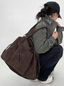 Y2K Personalized Retro Frosted Women's Tote Bag, Large Capacity Front Pocket Street Shoulder Bag, Detachable Shoulder Strap Fashionable Crossbody Bag, Very Suitable For Daily Use - Coffee - View 8