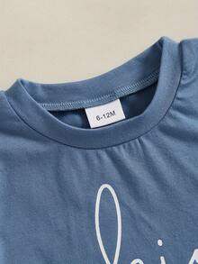 Camisetas de manga corta con estampado de letras para niños y niñas, camisetas casuales de verano a la moda para niños, conjuntos a juego para hermano y hermana - Azul - Ver 3