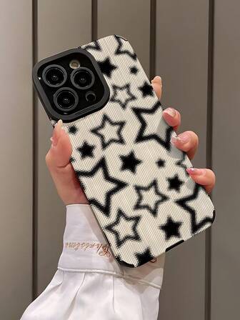 1pc Fashionable Personalized White Base Black Polka Dot Star Pattern Vertical Stripe High-End Faux Leather Texture Anti-Fall Anti-Fingerprint Shock-Proof Phone Case, Suitable As Birthday, Holiday Gift For Friends, Family, Couples, Fits Apple And Models