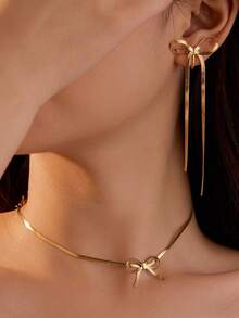 1件女士时尚简约18K镀金铜蝴蝶结颈链，无需耳洞，流苏耳夹，适合节日、派对和日常佩戴，天鹅绒袋包装 - 金色 - 查看 8