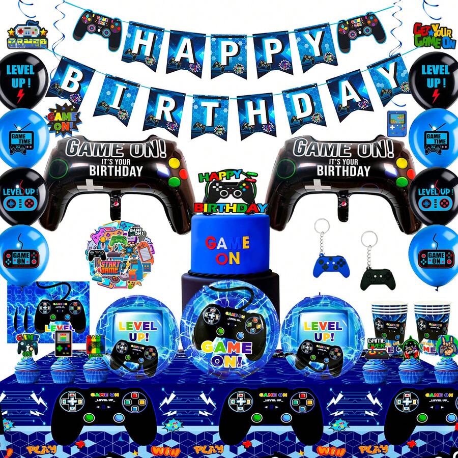 Video Gamer Birthday Party Decorations & Video Game Party Tableware Supplies Set - Video Game Party Plates Cups Napkins Tablecloth Banner Balloons Etc Game Themed Party Decorations For Friends - 彩色 - 查看 1