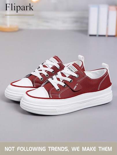 Flipark 1 Pair Casual Sporty Thick Sole Comfortable Sneakers, Label Decor Burgundy & White Contrast Canvas Patchwork Low-Top Everyday Casual Shoes