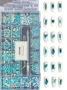 KIRAME 21 Grids DIY Manicure K9 Glass Lake Blue Flat Bottom Rhinestone Set - 30pcs High Gloss Rhinestones Per Style, Includes 1 Dotting Pen And 1 Tweezer, Nail Art Gems, Nail Salon, Home Manicure, Nail Art Supplies, Christmas, New Year, Valentine's Day Nail Art, Holiday Gift, Suitable For Crafts, Clothing, Textiles, Shoes, Glassware, Jewelry Making - Multi-Size Shiny Decorations Nails - 湖藍色 - 查看 3