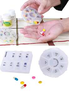 7天药盒收纳盒 - 圆形药盒，带每日/每周用药提醒，适合旅行、存放维生素、补充剂、鱼油等药品 - 透明白 - 查看 2