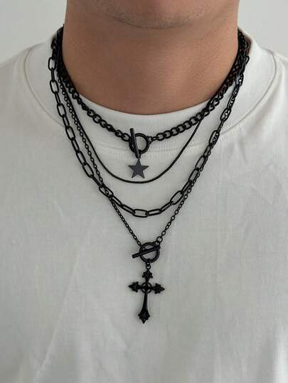 3pcs/Set Gothic Geometric OT Chain Cross Star Tassel Pendant Necklace, Punk Hip-Hop, Vacation Party, Casual Daily, Street Snap, Wedding, Rock Party, Men Women Holiday Birthday Versatile Necklace Gift