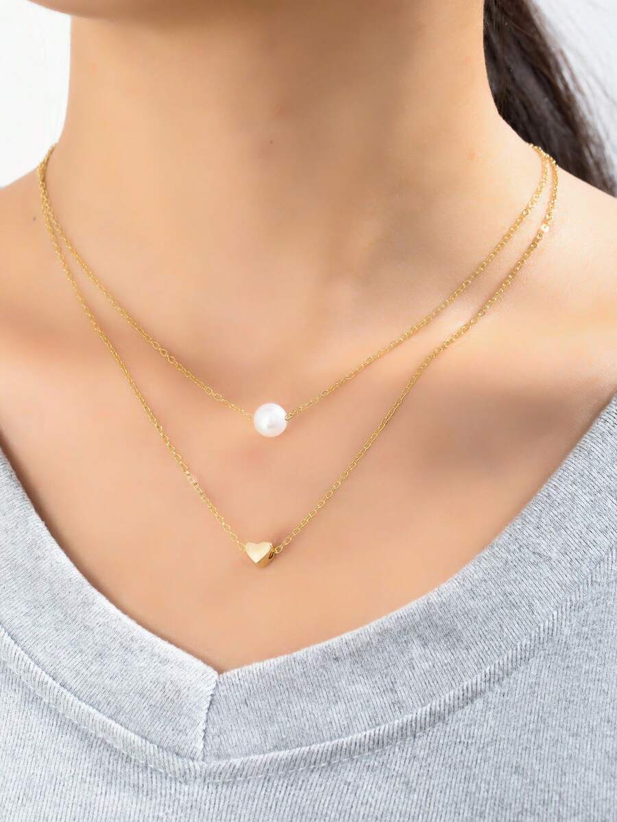 1pc Fashionable Minimalist Double-Layer Heart Pendant Necklace With Faux Pearl Pendant For Women - Gold - View 1