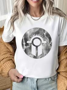 Women's Round Neck Short Sleeve T-ShirtBlack T Shirt With Marble Circle Design And Sunburst Logo Graphic Fashion Casual Top For WomenFun Prints Are Suitable For Christmas Partysports Activitiesholiday Partiesoutingssports And Other Holiday Gifts (220g). - 白色 - 查看 2