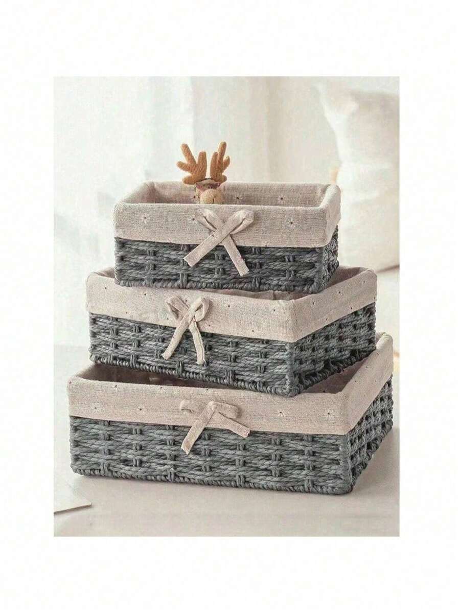 3pcs Woven Rattan Storage Baskets, Desktop Snack Cosmetic Organizer Wicker Baskets