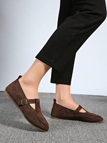 Japanese Style Mary Jane Shoes For Women, Square Toe Flat Slip-On Loafers, Versatile, Spring/Autumn - Brown - View 10