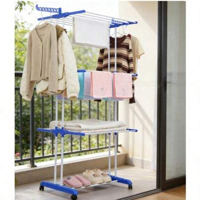 Secadora de piso de varios niveles - Tendedero ajustable, Estante de lavandería móvil con ruedas, Secadora de piso de doble barra multifuncional, Estante para toallas de 3 niveles móvil, Secadora plegable y retráctil con forma de ala (color aleatorio)