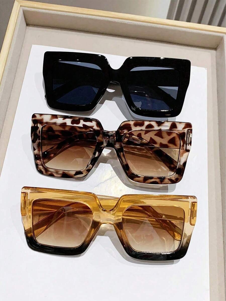 1/3pcs Set Vintage Square Oversized Leopard Print Bohemian Style PC Glasses, Classic Fashion Decor, Suitable For Outdoor Travel And Beach Activities - Multicolor - View 1