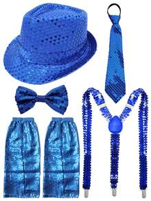 5件套 Forever & Moment 70年代成人角色扮演服装配饰套装，男女皆宜，包括亮片帽、领结、领带、吊带、腿套 - 适用于演唱会服装、迪斯科主题派对、经典流行巨星角色扮演舞蹈表演、情人节服装