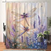 One Whimsical Shower Curtain - Featuring Dragonflies And Lavender Flowers - In Soft Pastel Shades, Creating An Ethereal Ambiance. Made Of Polyester, It Includes 10 Hooks And Measures 70.8 By 70.8 Inches, Perfect For Your Bathtub Decor. - 彩色 - 查看 1