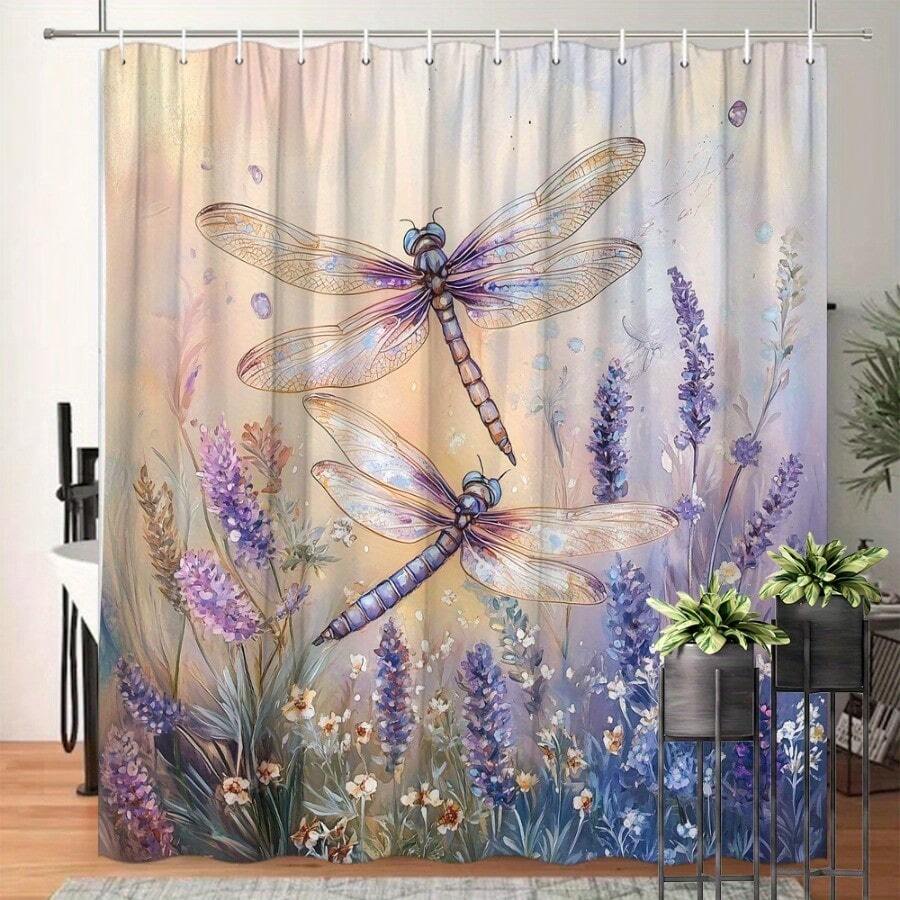 One Whimsical Shower Curtain - Featuring Dragonflies And Lavender Flowers - In Soft Pastel Shades, Creating An Ethereal Ambiance. Made Of Polyester, It Includes 10 Hooks And Measures 70.8 By 70.8 Inches, Perfect For Your Bathtub Decor. - 彩色 - 查看 1
