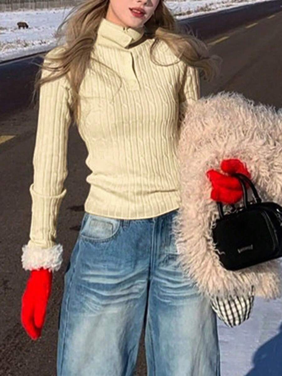 2025 Autumn/Winter Simple Comfortable Solid Color Long Sleeve Button Half-Placket Pullover Top - Beige - View 1