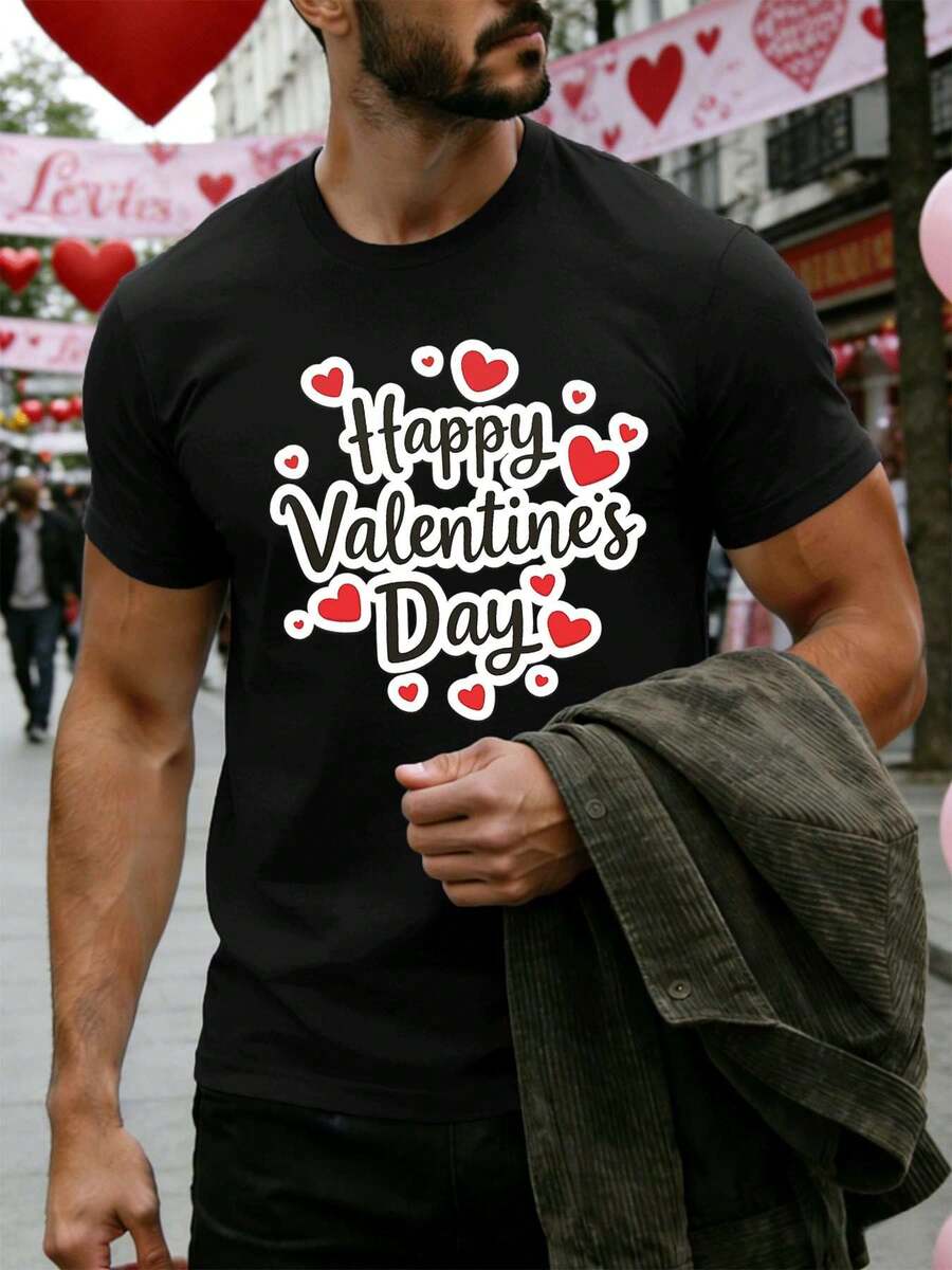 Camiseta de San Valentín con estampado gráfico, 100 % algodón, corte cómodo, estilo hip-hop callejero, transpirable. - Negro - Ver 1