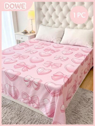 1pc 100% Lightweight Polyester Fabric Romantic Pink Heart Striped Bow Print Bedsheet, Breathable Love Themed Bedding, Cute Bedroom Decor Suitable For Adults And Teenagers
